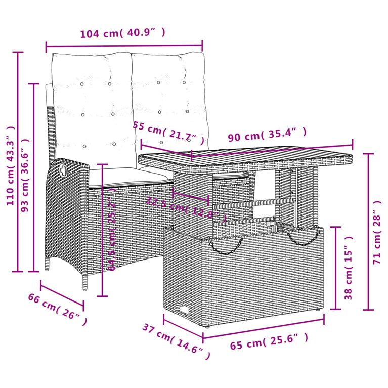 2-delige Tuinset met kussens poly rattan zwart