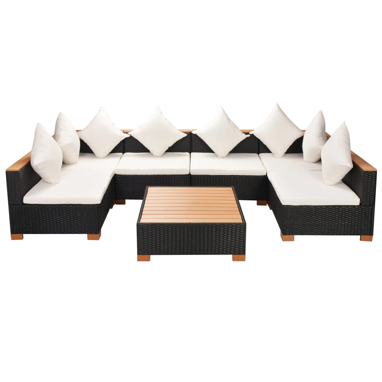 7-delige Loungeset met kussens poly rattan zwart