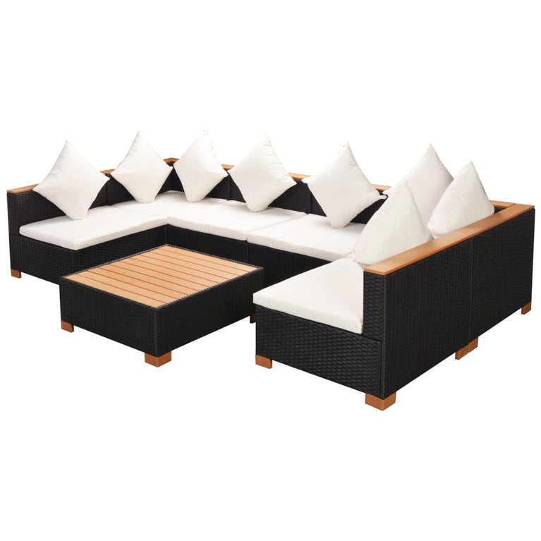 7-delige Loungeset met kussens poly rattan zwart