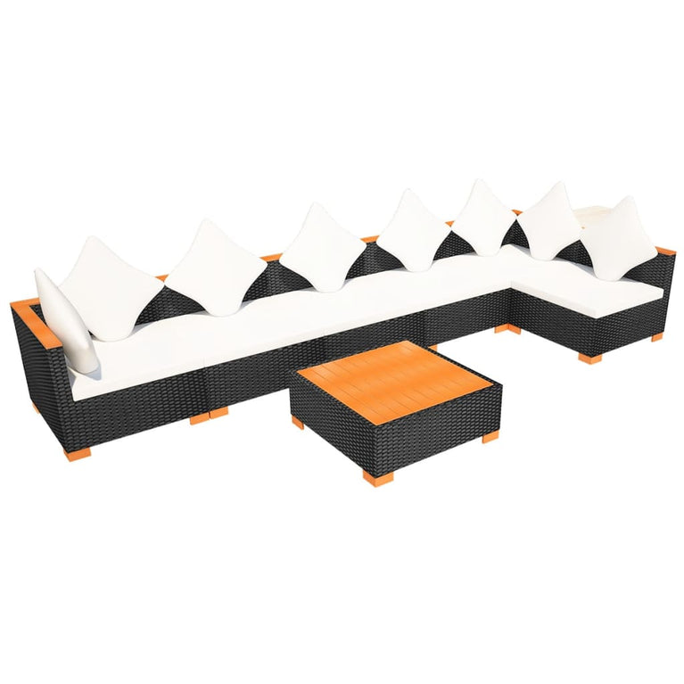 7-delige Loungeset met kussens poly rattan zwart