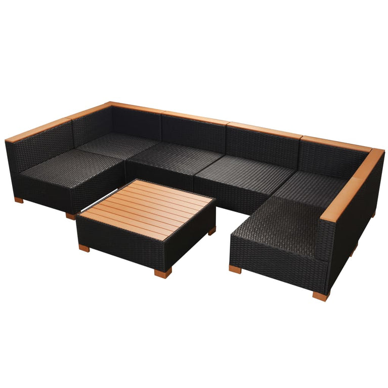 7-delige Loungeset met kussens poly rattan zwart