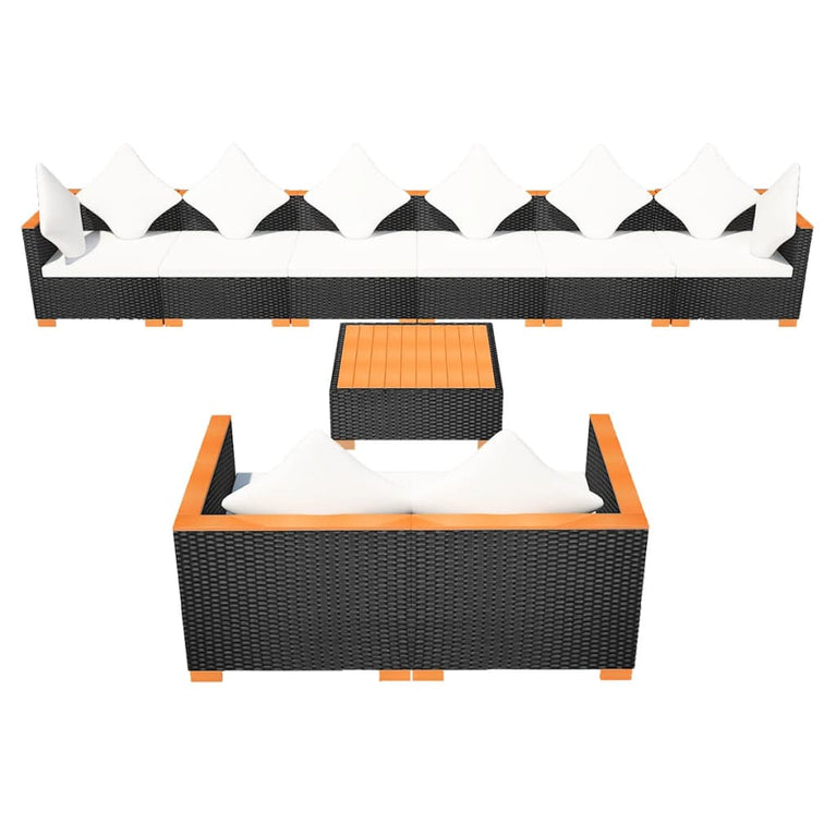 9-delige Loungeset met kussens poly rattan zwart