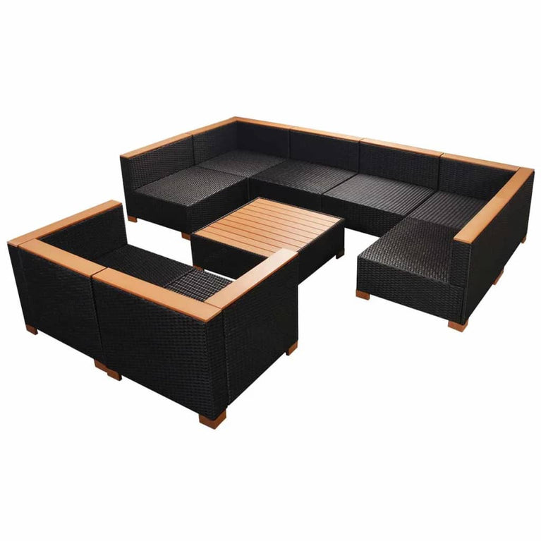 9-delige Loungeset met kussens poly rattan zwart