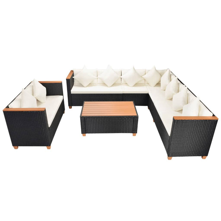 6-delige Loungeset met kussens poly rattan zwart