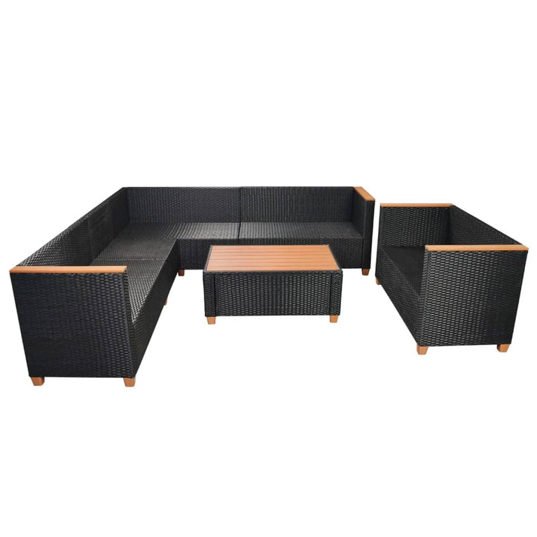 6-delige Loungeset met kussens poly rattan zwart
