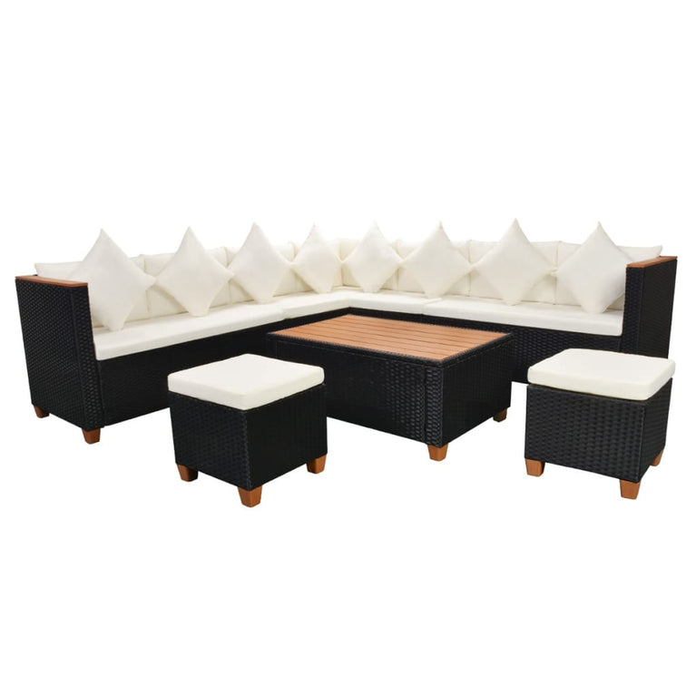 7-delige Loungeset met kussens poly rattan zwart