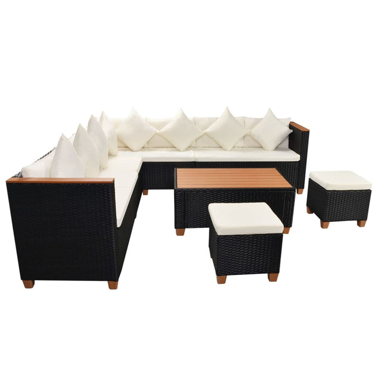 7-delige Loungeset met kussens poly rattan zwart