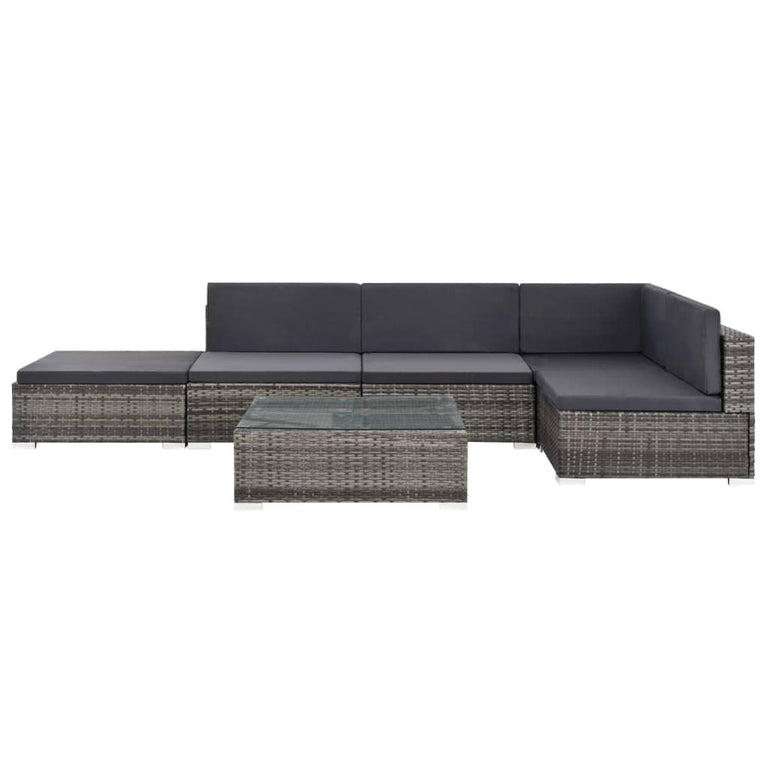 6-delige Loungeset met kussens poly rattan grijs