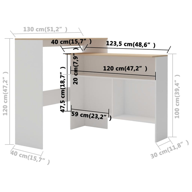 Bartafel met 2 tafelbladen 130x40x120 cm wit en eikenkleurig