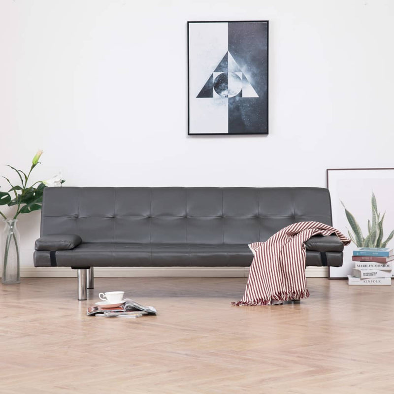 Slaapbank met twee kussens kunstleer grijs