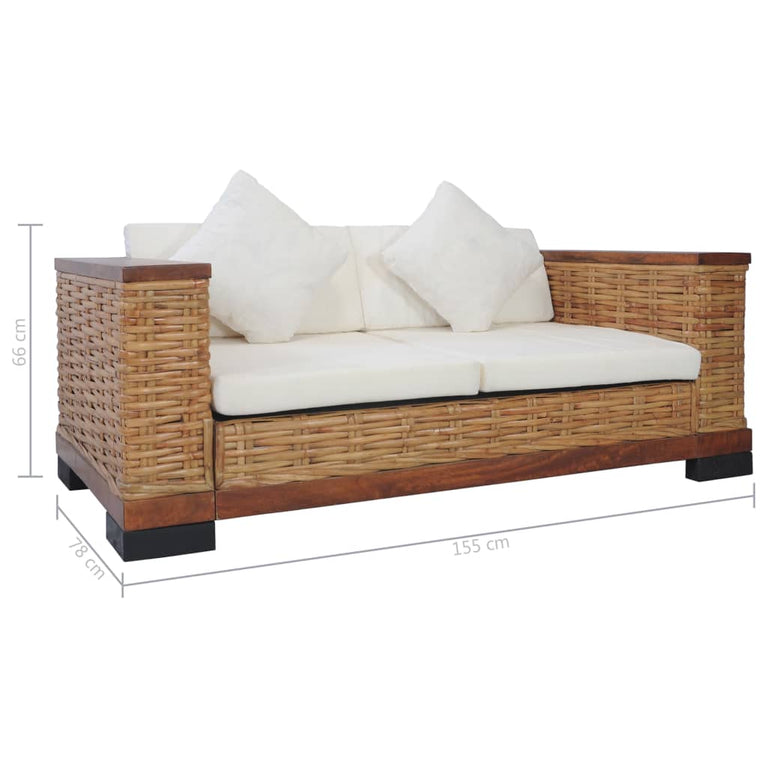 Tweezitsbank met kussens natuurlijk rattan bruin