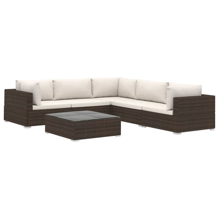 6-delige Loungeset met kussens poly rattan bruin