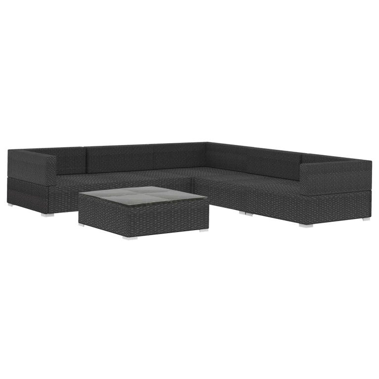 6-delige Loungeset met kussens poly rattan zwart
