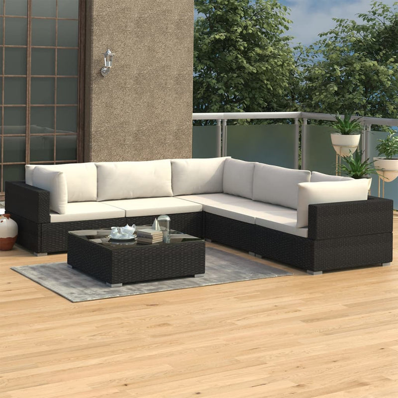 6-delige Loungeset met kussens poly rattan zwart