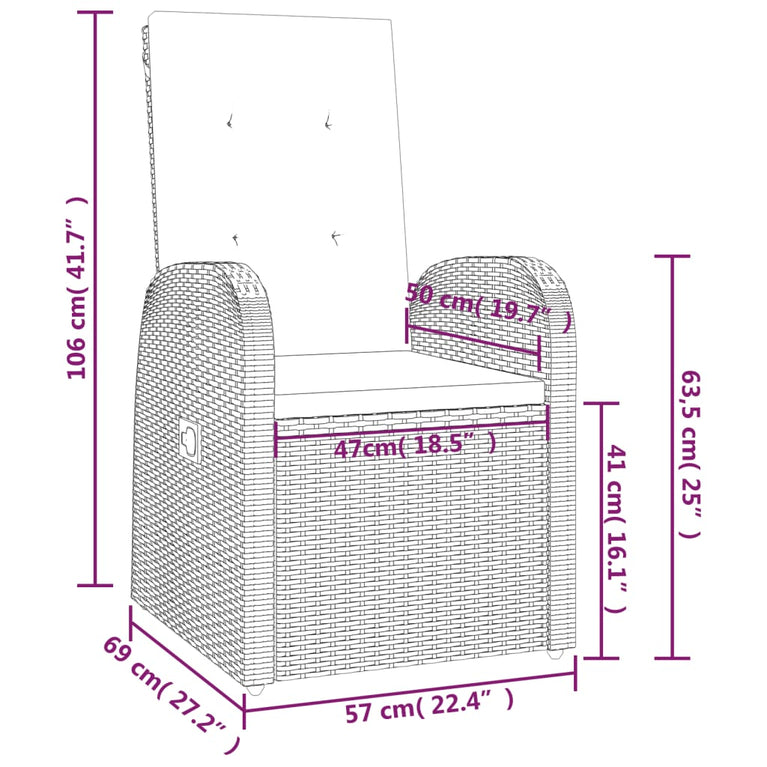 Tuinstoelen 2 st verstelbaar met kussens poly rattan grijs