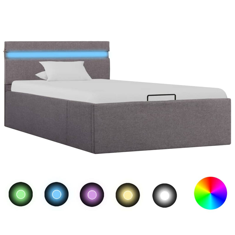 Bedframe met hydraulische opslag en LED stof taupe 90x200 cm