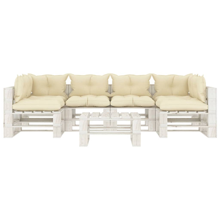 7-delige Loungeset met crèmekleurige kussens pallet hout