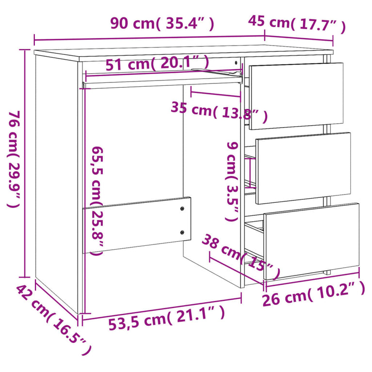 Bureau 90x45x76 cm spaanplaat hoogglans wit