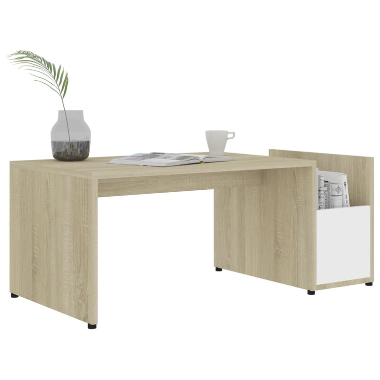 Salontafel 90x45x35 cm spaanplaat wit en sonoma eikenkleurig