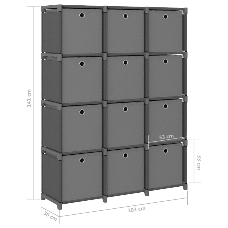 Kast met 12 vakken met boxen 103x30x141 cm stof grijs
