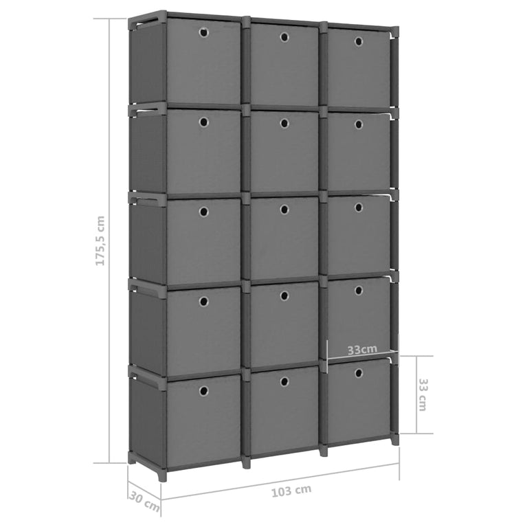 Kast met 15 vakken met boxen 103x30x175,5 cm stof grijs