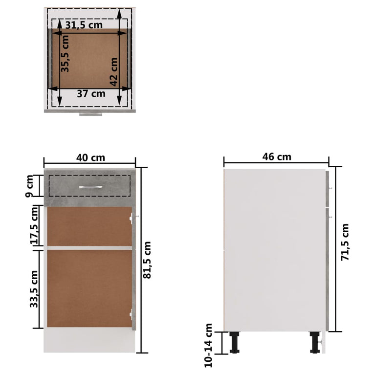 Onderkast met lade 40x46x81,5 cm bewerkt hout betongrijs