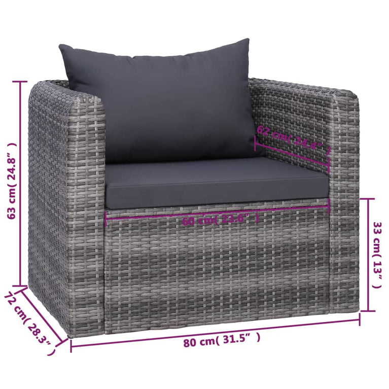 8-delige Loungeset met kussens poly rattan grijs