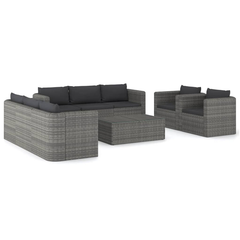 9-delige Loungeset met kussens poly rattan grijs
