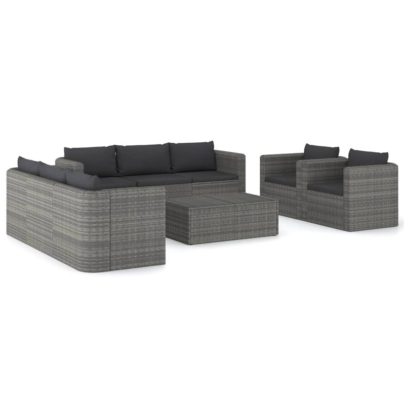 9-delige Loungeset met kussens poly rattan grijs