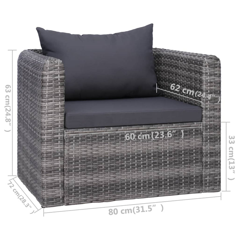 9-delige Loungeset met kussens poly rattan grijs