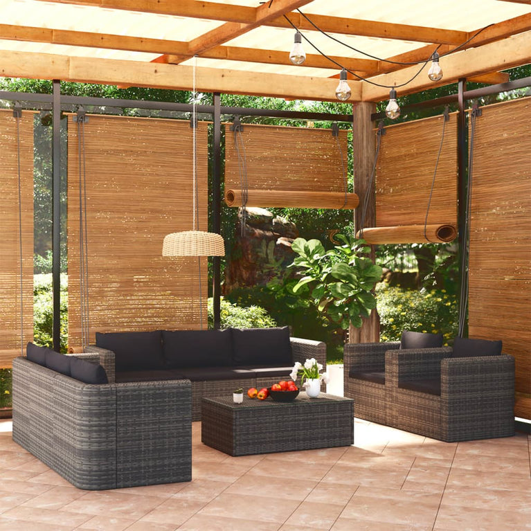 9-delige Loungeset met kussens poly rattan grijs