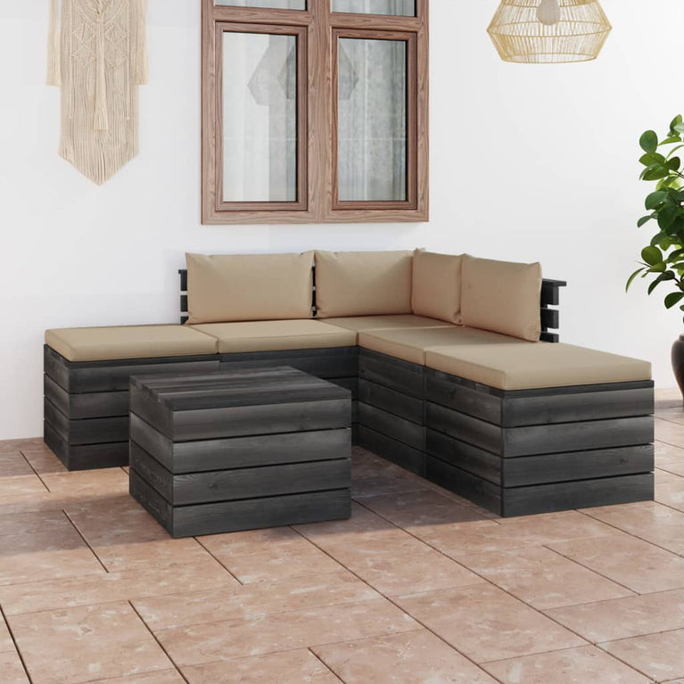 6-delige Loungeset met kussens pallet massief grenenhout