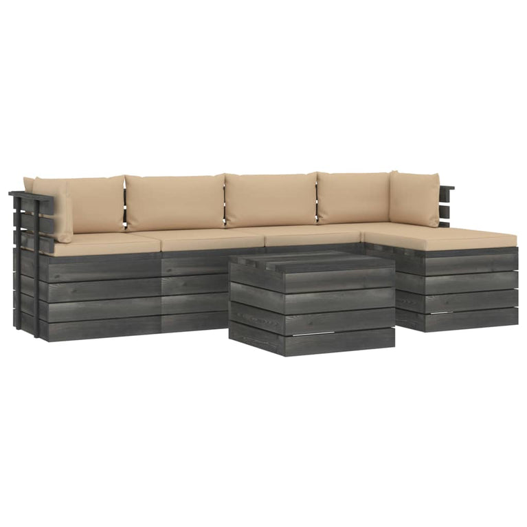 6-delige Loungeset met kussens pallet massief grenenhout