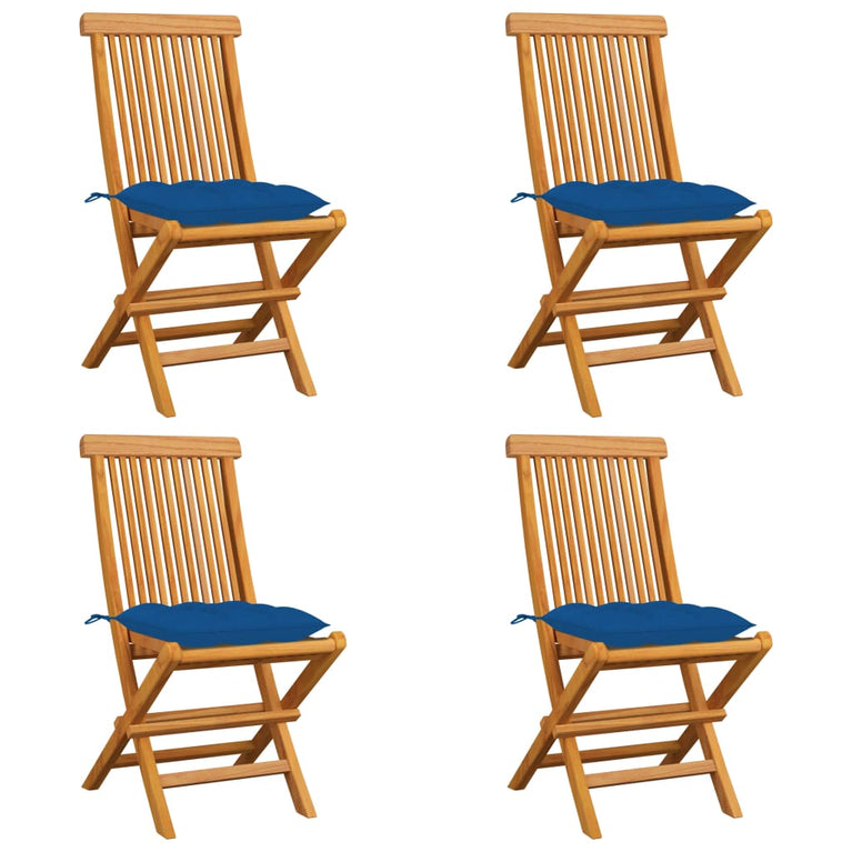 Tuinstoelen 4 st met blauwe kussens massief teakhout