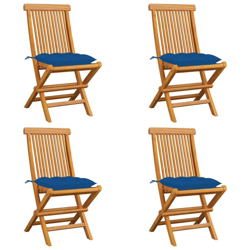 Tuinstoelen 4 st met blauwe kussens massief teakhout