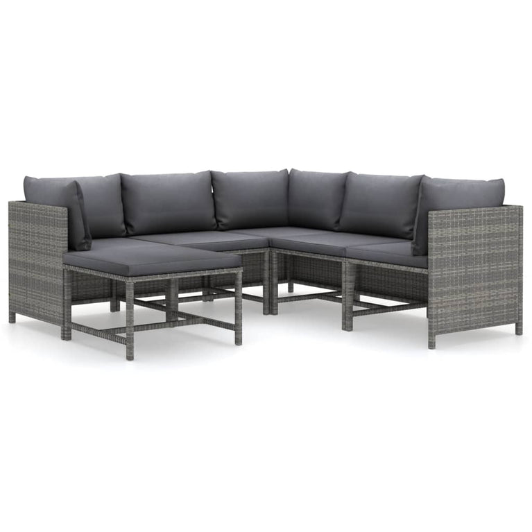 6-delige Loungeset met kussens poly rattan grijs