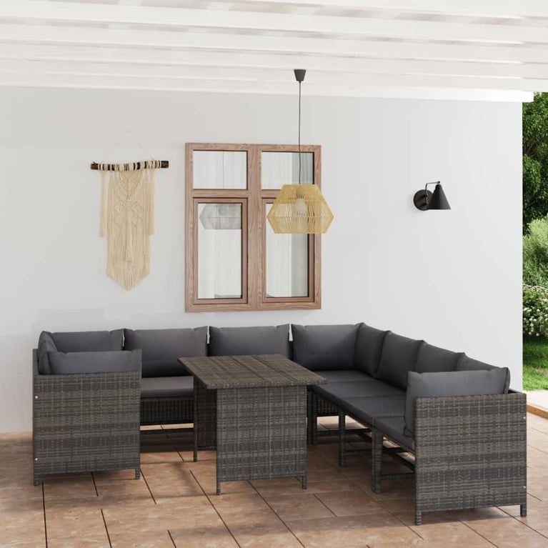 9-delige Loungeset met kussens poly rattan grijs