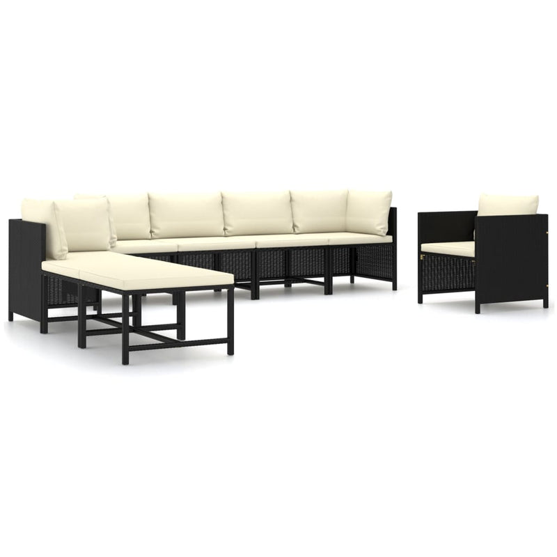 8-delige Loungeset met kussens poly rattan zwart