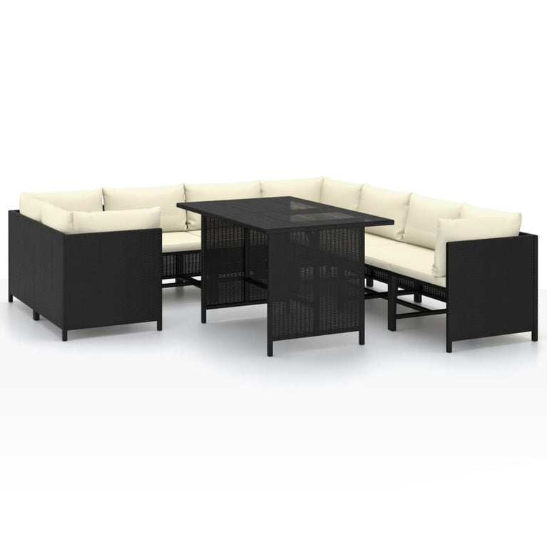 9-delige Loungeset met kussens poly rattan zwart