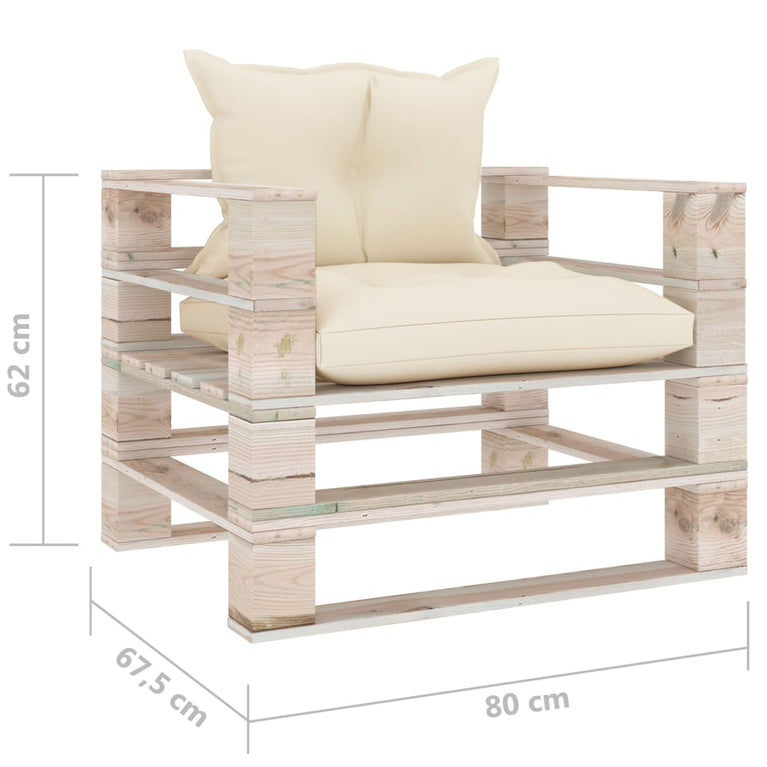 Tuinbank met crèmekleurige kussens pallet grenenhout