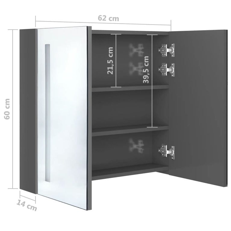 Badkamerkast met spiegel en LED 62x14x60 cm glanzend grijs