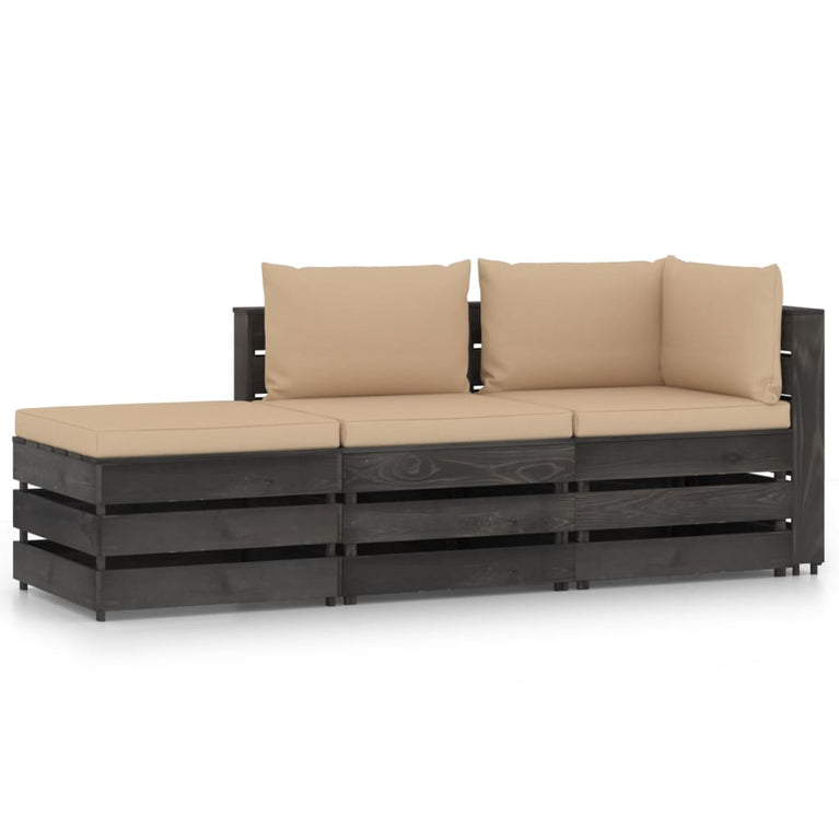 3-delige Loungeset met kussens grijs geïmpregneerd hout