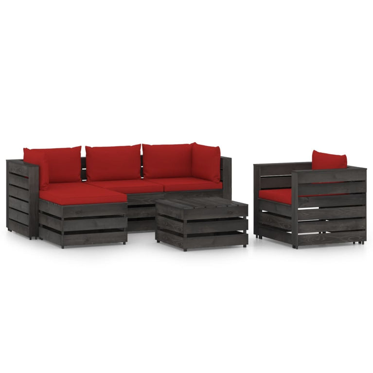 6-delige Loungeset met kussens grijs geïmpregneerd hout
