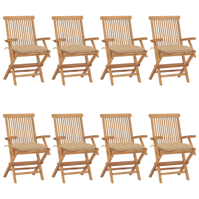 Tuinstoelen 8 st met beige kussens massief teakhout