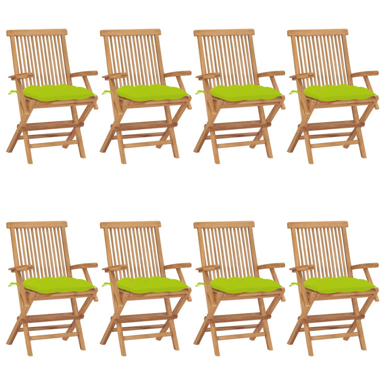 Tuinstoelen 8 st met heldergroene kussens massief teakhout