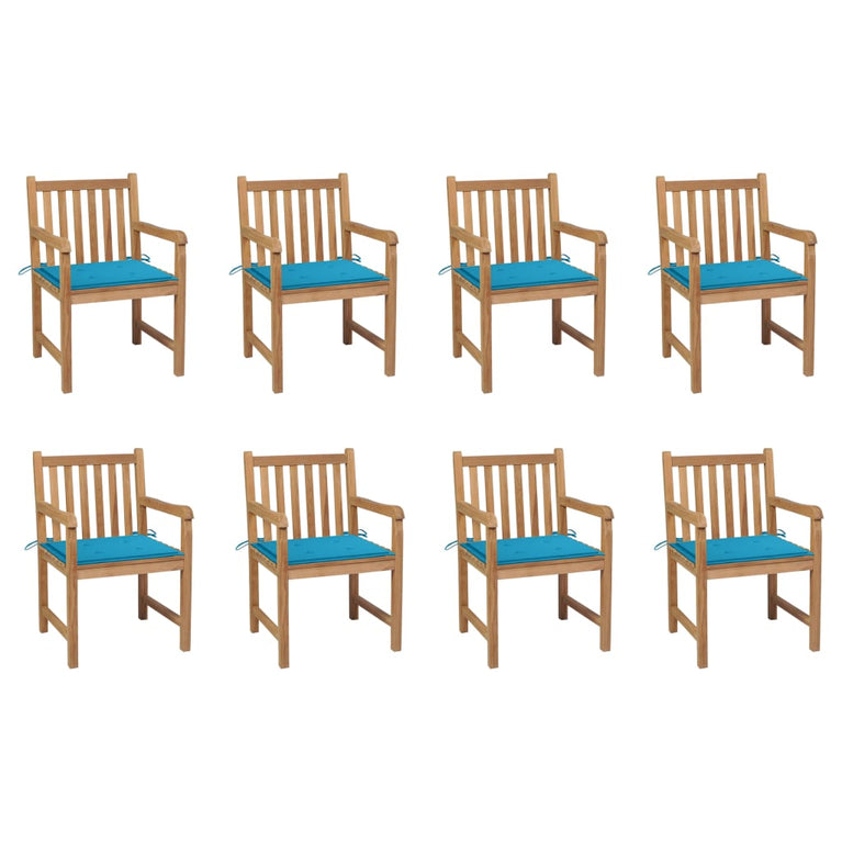 Tuinstoelen 8 st met blauwe kussens massief teakhout