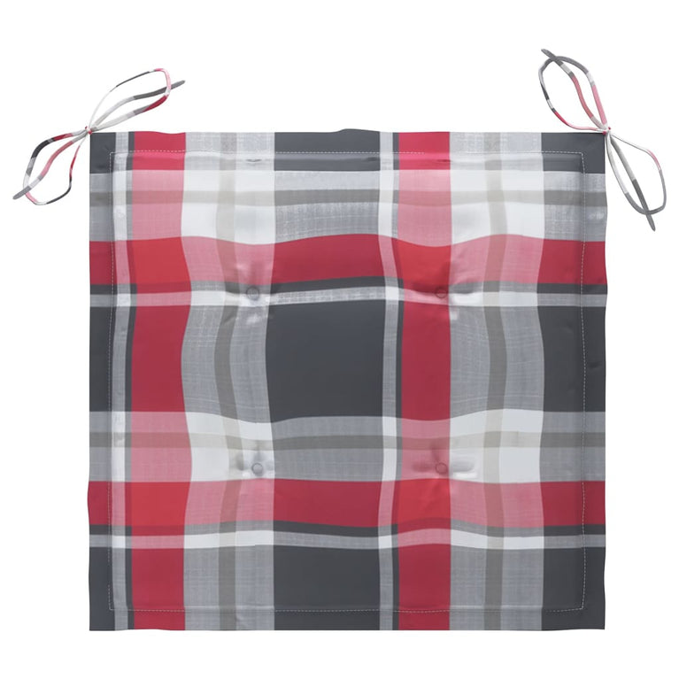 Tuinstoelen 8 st met rood geruite kussens massief teakhout