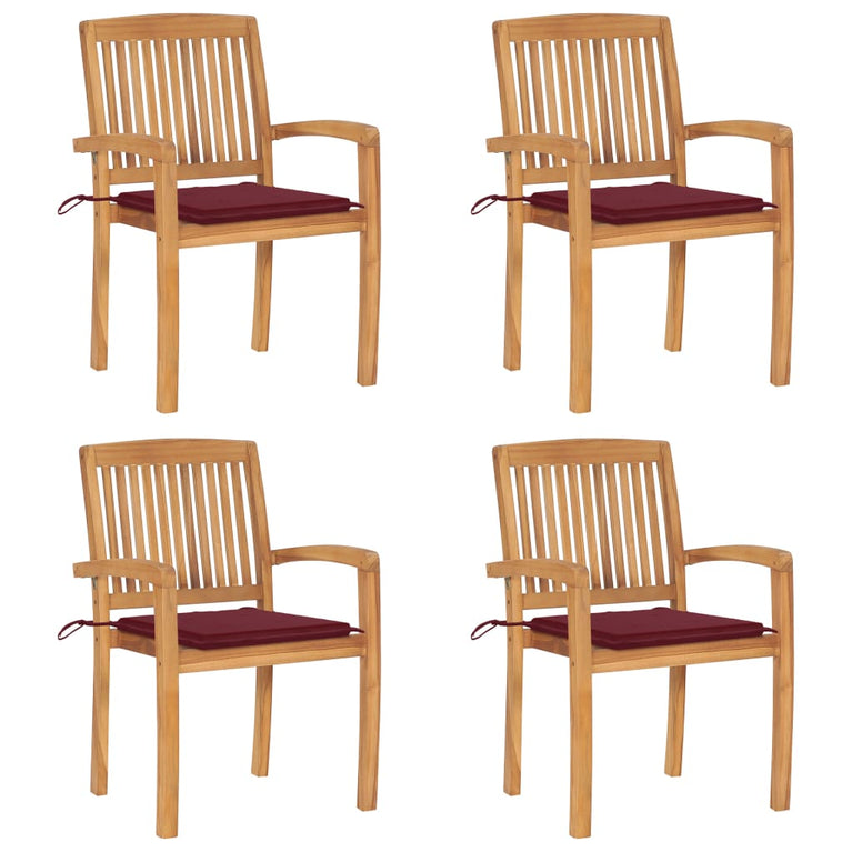 Tuinstoelen stapelbaar 4 st met kussens massief teakhout