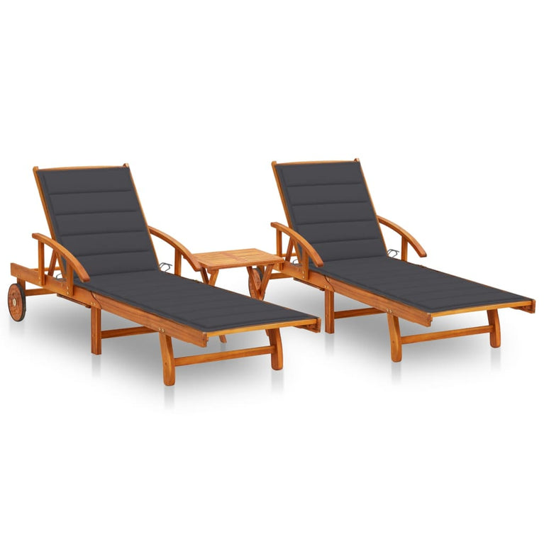 Ligstoelen 2 st met tafel en kussens massief acaciahout
