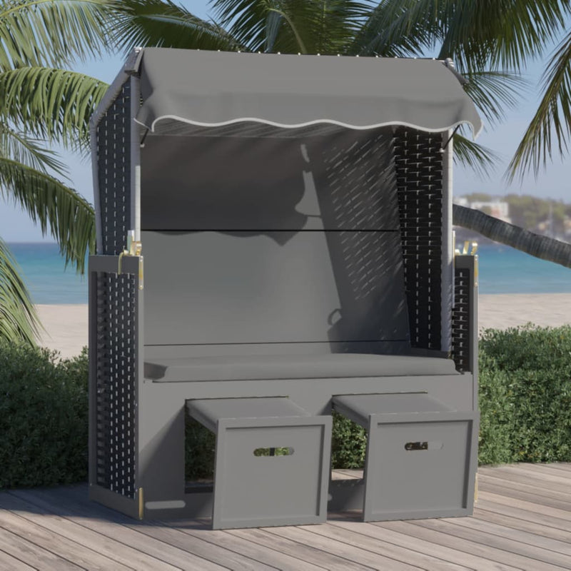 Strandstoel met luifel poly rattan en hout antraciet en zwart